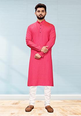 Pink Printed Cotton Kurta Pyjama Set For Men