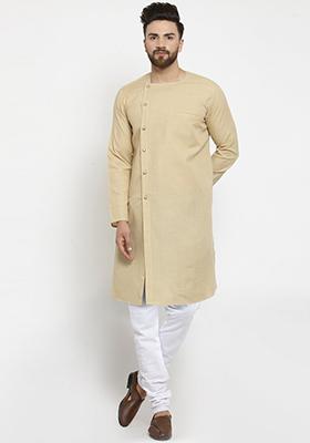 Beige Solid Cotton Kurta Pyjama Set For Men