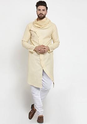 Beige Solid Cotton Kurta Pyjama Set For Men