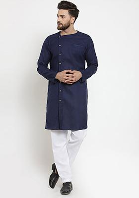 Navy Blue Solid Cotton Kurta Pyjama Set For Men