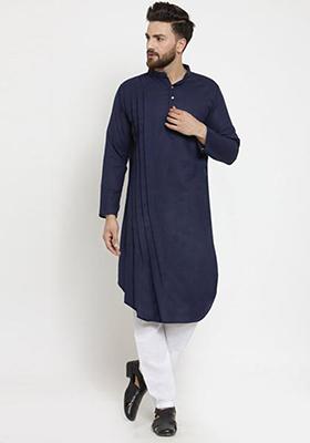 Navy Blue Solid Cotton Kurta Pyjama Set For Men