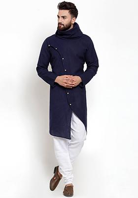 Navy Blue Solid Cotton Kurta Pyjama Set For Men