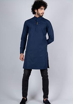Navy Blue Solid Cotton Kurta Pyjama Set For Men