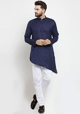 Navy Blue Solid Cotton Kurta Pyjama Set For Men
