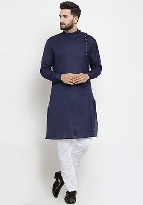 Navy Blue Solid Cotton Kurta Pyjama Set For Men