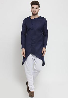 Navy Blue Solid Cotton Kurta Pyjama Set For Men