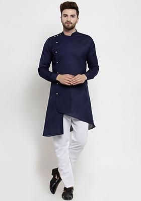 Navy Blue Solid Cotton Kurta Pyjama Set For Men