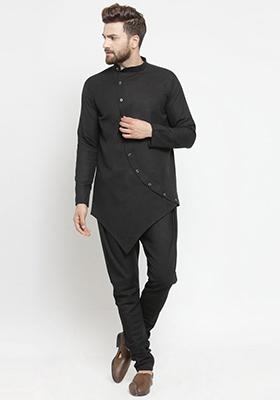 Black Solid Cotton Kurta Pyjama Set For Men