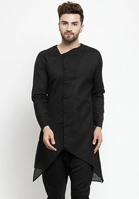 Black Solid Cotton Kurta Pyjama Set For Men