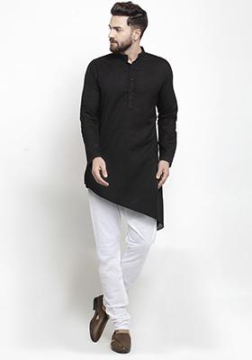 Black Solid Cotton Kurta Pyjama Set For Men