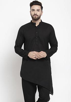 Black Solid Cotton Kurta Pyjama Set For Men