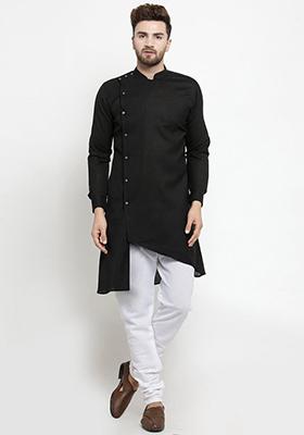 Black Solid Cotton Kurta Pyjama Set For Men