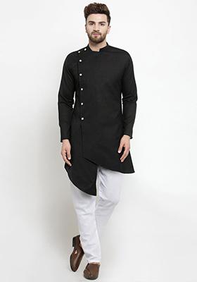 Black Solid Cotton Kurta Pyjama Set For Men