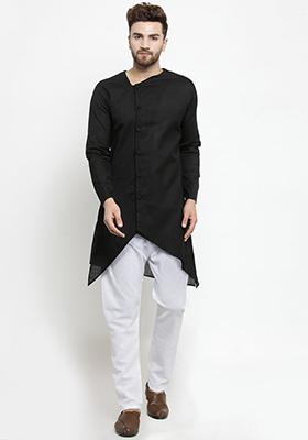 Black Solid Cotton Kurta Pyjama Set For Men