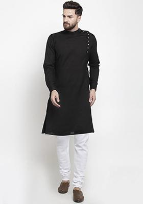 Black Solid Cotton Kurta Pyjama Set For Men