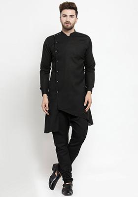 Black Solid Cotton Kurta Pyjama Set For Men