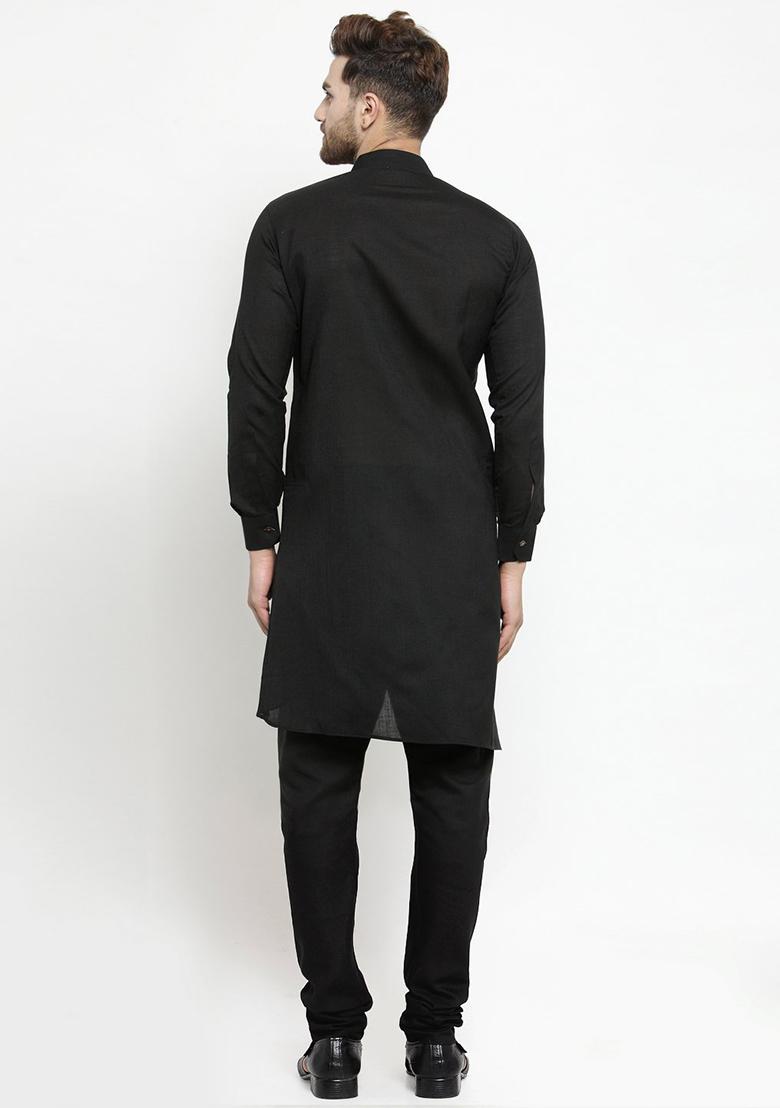 Black Solid Cotton Kurta Pyjama Set For Men