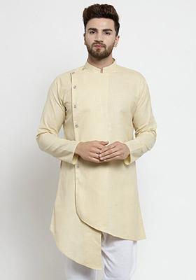 Beige Solid Cotton Kurta Pyjama Set For Men