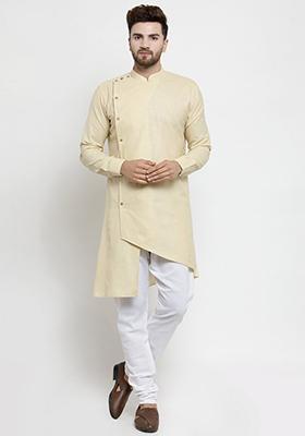 Beige Solid Cotton Kurta Pyjama Set For Men
