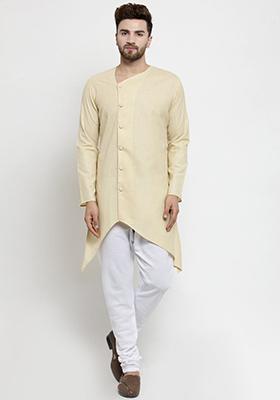 Beige Solid Cotton Kurta Pyjama Set For Men