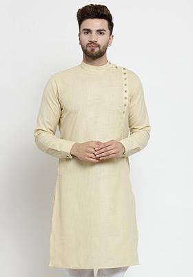 Beige Solid Cotton Kurta Pyjama Set For Men