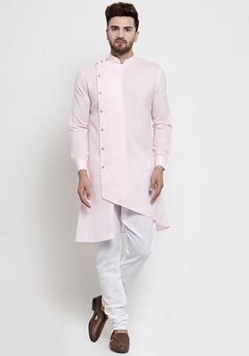 Light Pink Solid Cotton Kurta Pyjama Set For Men