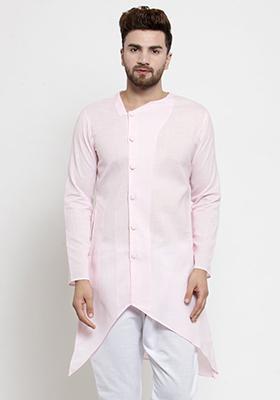 Light Pink Solid Cotton Kurta Pyjama Set For Men