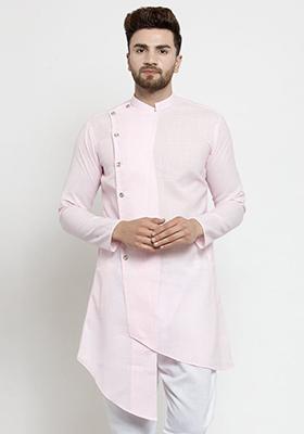 Light Pink Solid Cotton Kurta Pyjama Set For Men
