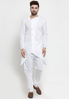 White Solid Cotton Kurta Pyjama Set For Men