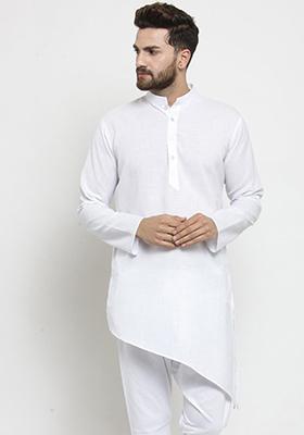 White Solid Cotton Kurta Pyjama Set For Men