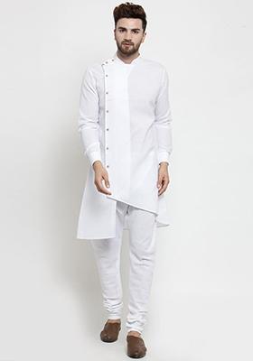 White Solid Cotton Kurta Pyjama Set For Men