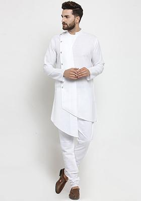 White Solid Cotton Kurta Pyjama Set For Men