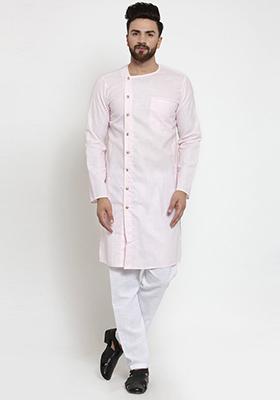 Light Pink Solid Cotton Kurta Pyjama Set For Men