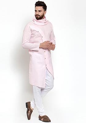 Light Pink Solid Cotton Kurta Pyjama Set For Men