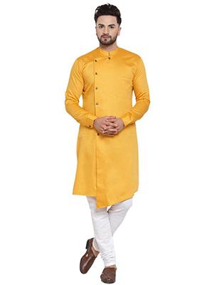 Yellow Solid Cotton Kurta Pyjama Set For Men