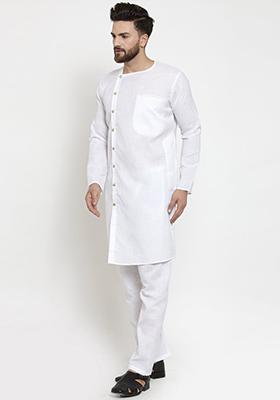 White Solid Cotton Kurta Pyjama Set For Men