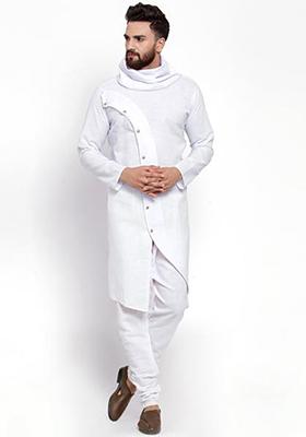 White Solid Cotton Kurta Pyjama Set For Men