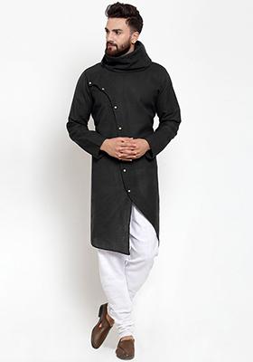 Black Solid Cotton Kurta Pyjama Set For Men