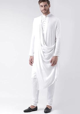 White Solid Cotton Kurta Pyjama Set For Men