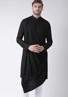 Black Solid Cotton Kurta Pyjama Set For Men