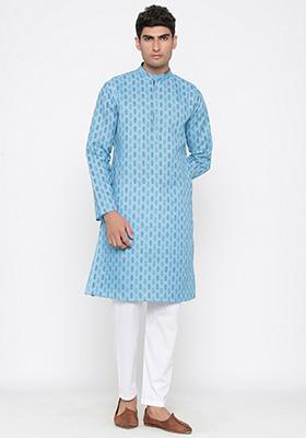 Sky Blue Printed Satin Cotton Kurta Pyjama Set For Men