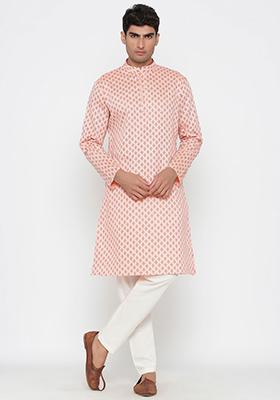 Peach Printed Satin Cotton Kurta Pyjama Set For Men