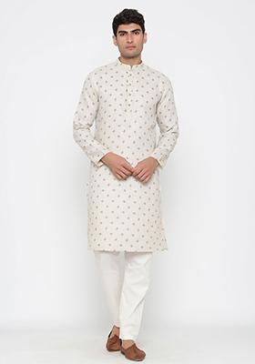 Off White Printed Satin Cotton Kurta Pyjama Set For Men
