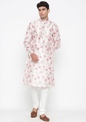 Off White Printed Satin Cotton Kurta Pyjama Set For Men