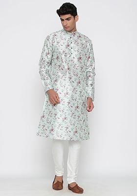 Light Green Printed Satin Cotton Kurta Pyjama Set For Men