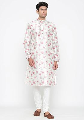 Off White Printed Satin Cotton Kurta Pyjama Set For Men