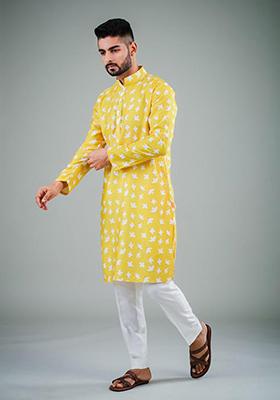 Yellow Printed Satin Cotton Kurta Pyjama Set For Men
