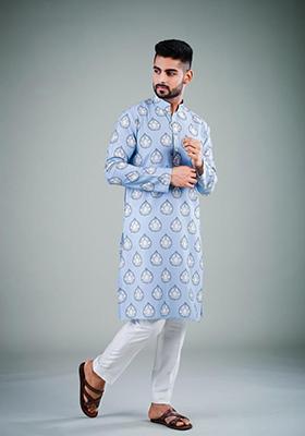 Sky Blue Printed Satin Cotton Kurta Pyjama Set For Men