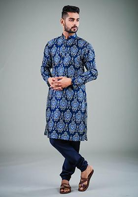 Navy Blue Printed Satin Cotton Kurta Pyjama Set For Men