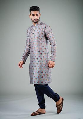Grey Printed Satin Cotton Kurta Pyjama Set For Men